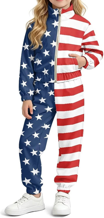 Girls 2 Piece Crop Tracksuit Set Zip Up Jacket & Pants Sweatsuit