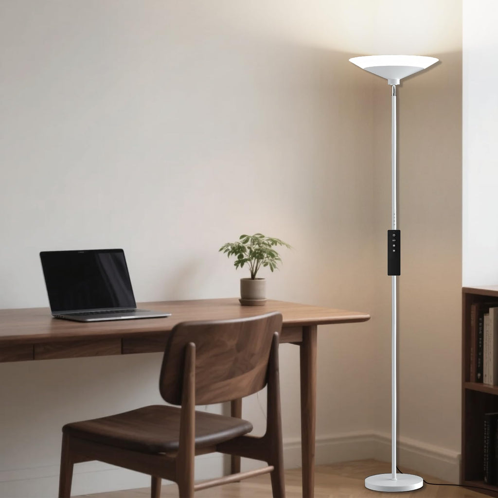 White Torchiere Floor Lamp - 30W Dimmable LED Standing Lamp with Remote/Button Control, 1800Lm - 72in
