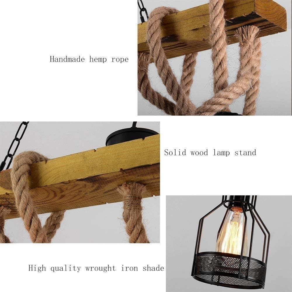 Industrial Farmhouse Linear Chandelier, 5-Light Wood Beam Island Pendant Light with Hemp Rope & Metal Cage Shades