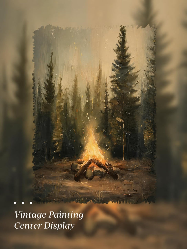 Gold Framed Wall Art, Rustic Campfire Canvas Prints, Vintage Forest Camping Cabin Picture Wall Decor, Dark Academia