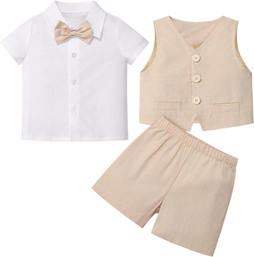 Toddler Baby Boys Formal Suit Set with Dress Shirt + Bowtie + Vest + Pants Piece Gentleman Wedding Tuxedo Outfits