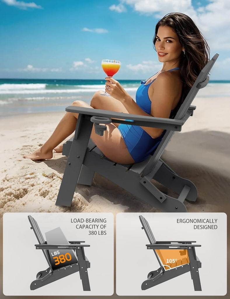 Folding Adirondack Chair, Wooden Textured Plastic Adirondack Chairs with 2 Cup Holder, Weather Resistant HDPE Fire