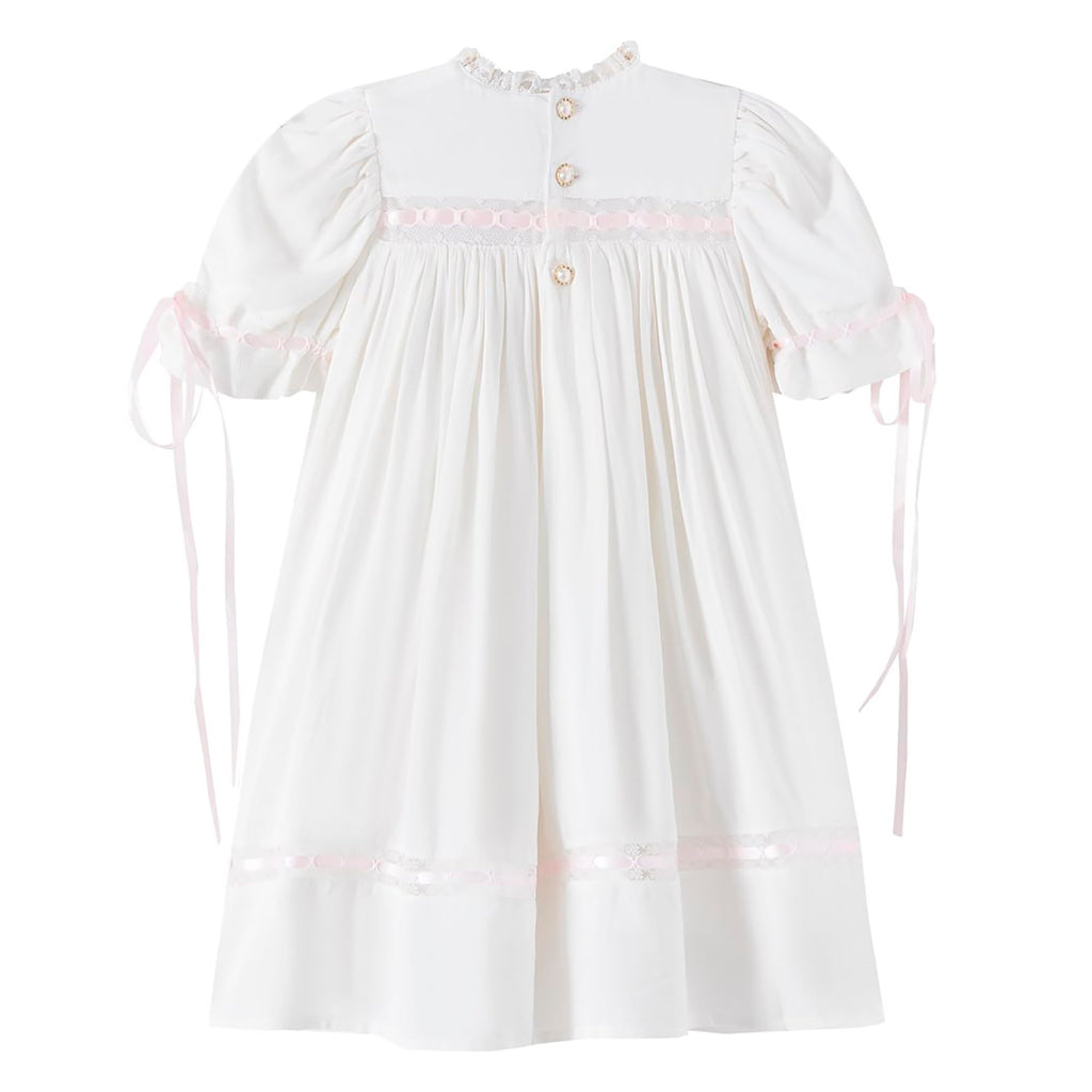 Girl Dress, Embroidered Floral Heirloom, Lace Crew Collar, Puff Sleeve, Cotton Kids Casual Clothing Pink