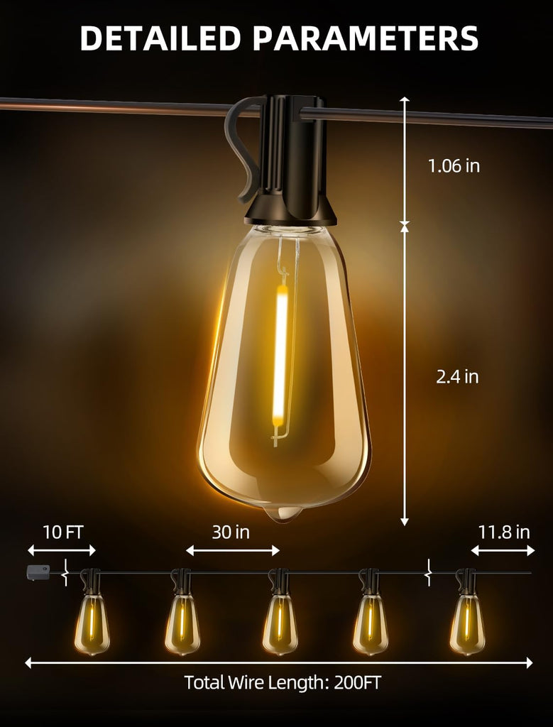 Outdoor Patio String Lights: 200Ft 60M Outside Waterproof Light - Remote Dimmable ST38 Shatterproof Bulb Connectable
