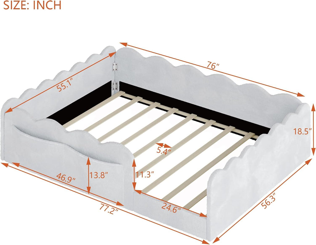 Upholstered Floor Bed with Guardrail, Montessori Kids Bed Frame with Round Fence, Light Gray