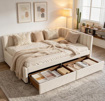 Full Corner bedframe with 2 Drawers, Upholstered daybed with Storage, L-Shape daybed Living Room, Beige + Velvet