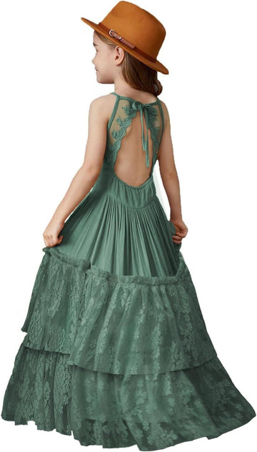 Girls Kids Lace Back Full-Length Backless Tulle Party Holiday Formal Flower Girl Dress