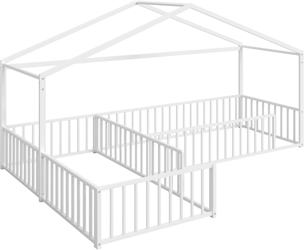 Double L-Shaped Montessori Bed Metal Floor Bed Frame, White