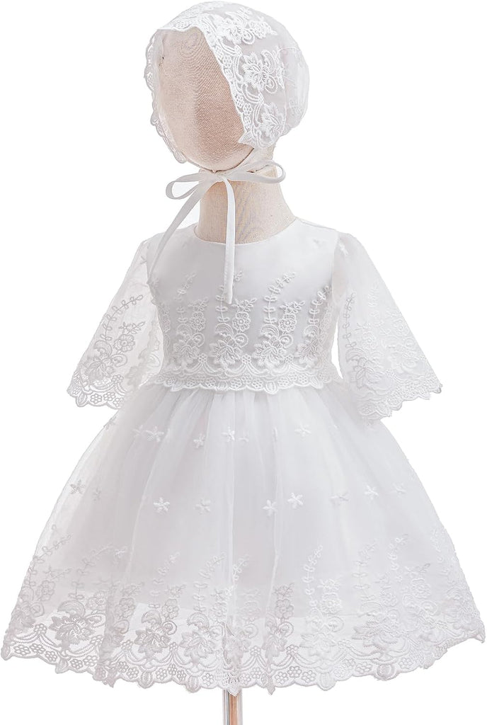 Baby Girls Baptism Christening Dress Infant Toddler Floral Lace Gown With Bonnet