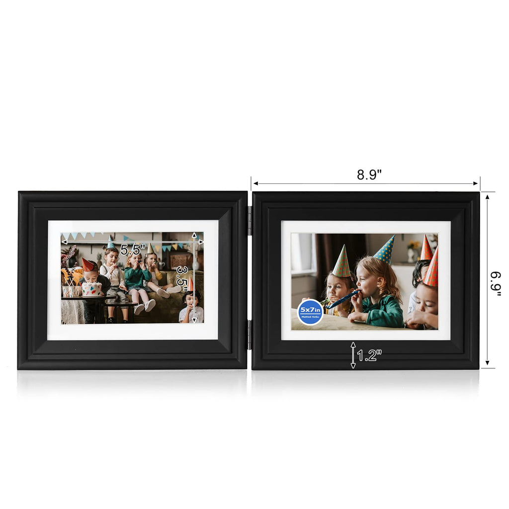 5x7 Double Horizontal Hinged Wood Picture Frame Folding Photo Frame with Real Glass Front in Black for Tabletop
