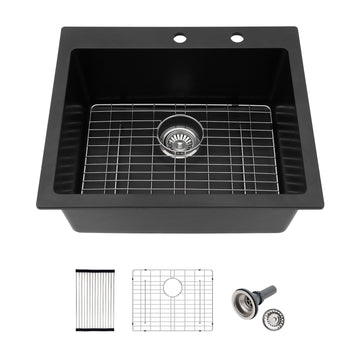 25x22 Inch Black Granite Composite Drop Sink Top mount Quartz Single Bowl Contemporary Kitchen Deep Sink Basin with