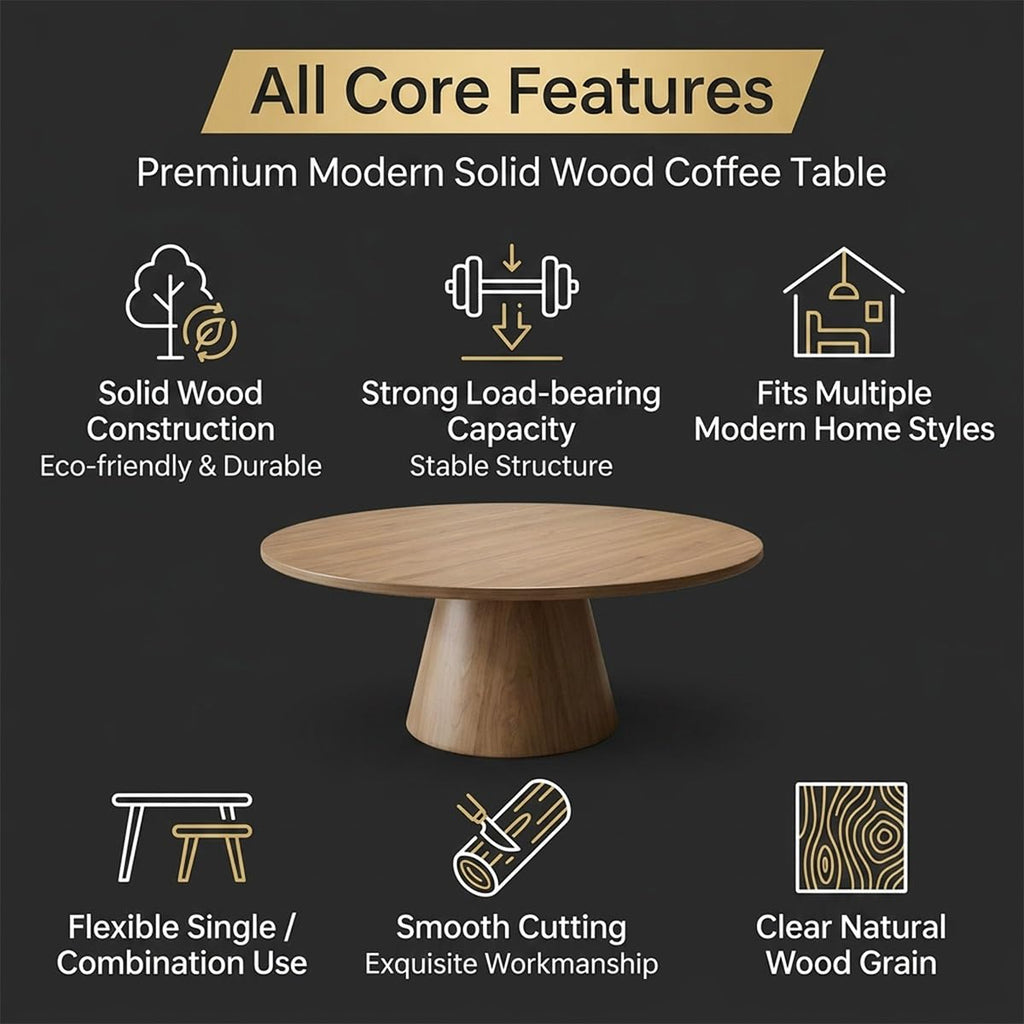 Round Solid Wood Luxury Coffee Table, Wabi-Sabi Minimalist
