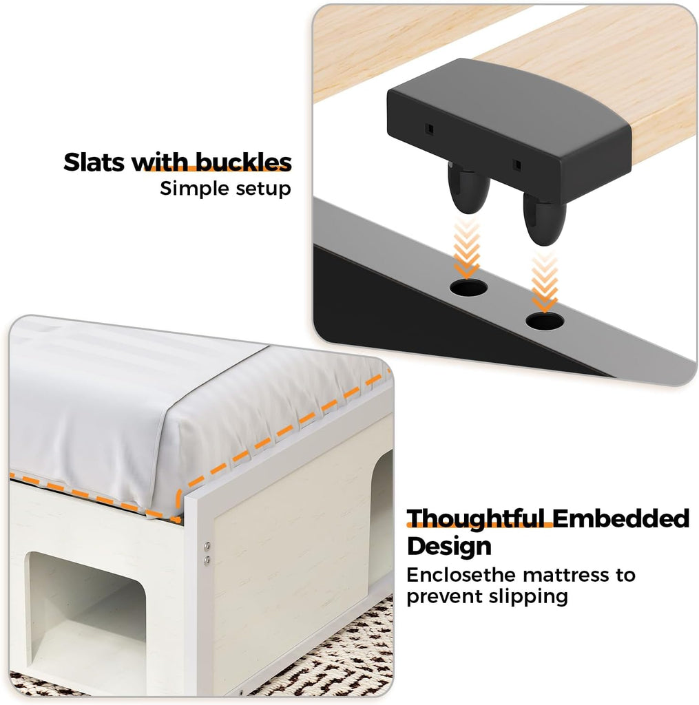 Farmhouse Wood Full Bed Frame with Storage Headboard & Drawer for Cat & Dog