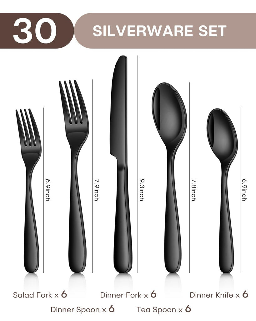 30 Pieces Black Silverware Set for 6, Heavy Duty Black Stainless Steel Flatware Set Include Knives Forks Spoons Set