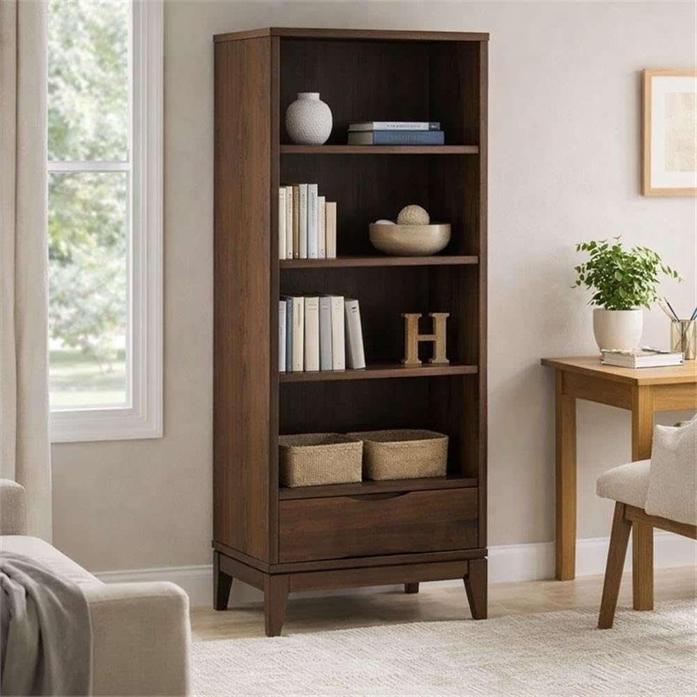 Mid-Century Bookcase, 60" H x 24" W x 16" D, Solid Rubberwood, Walnut Brown Finish, Adjustable Shelves, Drawer with