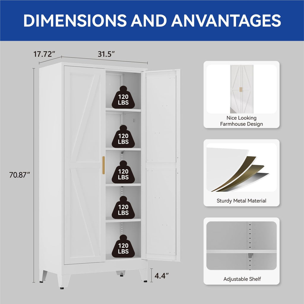 Metal Wardrobe Closet with Doors, 71'' Tall Steel Bedroom Armoire with Adjustable Hanging Rod and Shelves, Broom