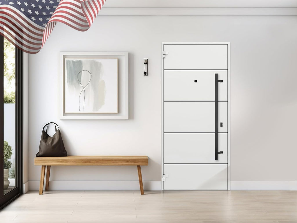 Front Exterior Prehung Steel Door/Deux 6683 Natural Oak/Entry Metal Modern Painted W36 x H80 Right Hand Inswing