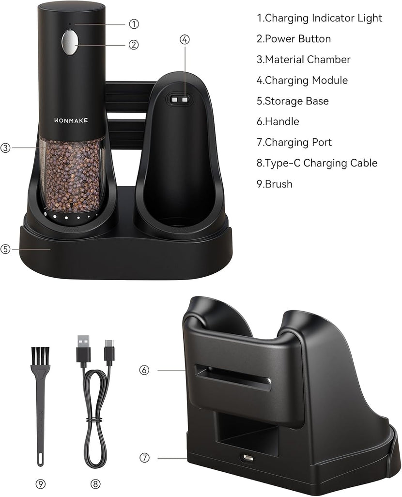 Electric Salt and Pepper Grinder Set, Charging Base, Automatic Rechargeable - Set of 2