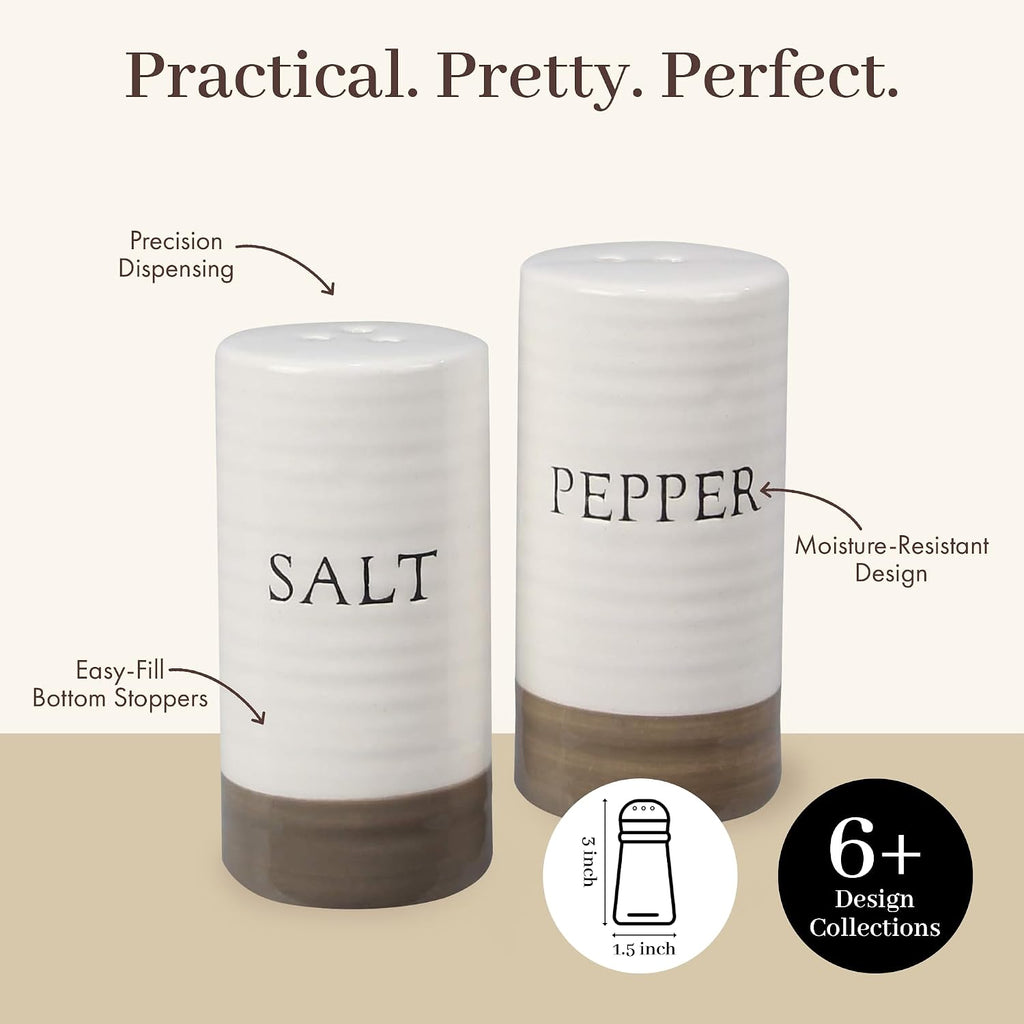 Farmhouse Mini Ceramic Salt and Pepper Shaker Set - Cute Kitchen Table Accessories and Decor, Small 3-Inch Modern - Set of 2