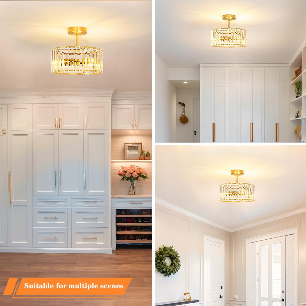 Modern Crystal Ceiling Light, Brushed Gold Semi Flush Mount Ceiling Lighting Fixture, Brass Hallway Light Fixtures