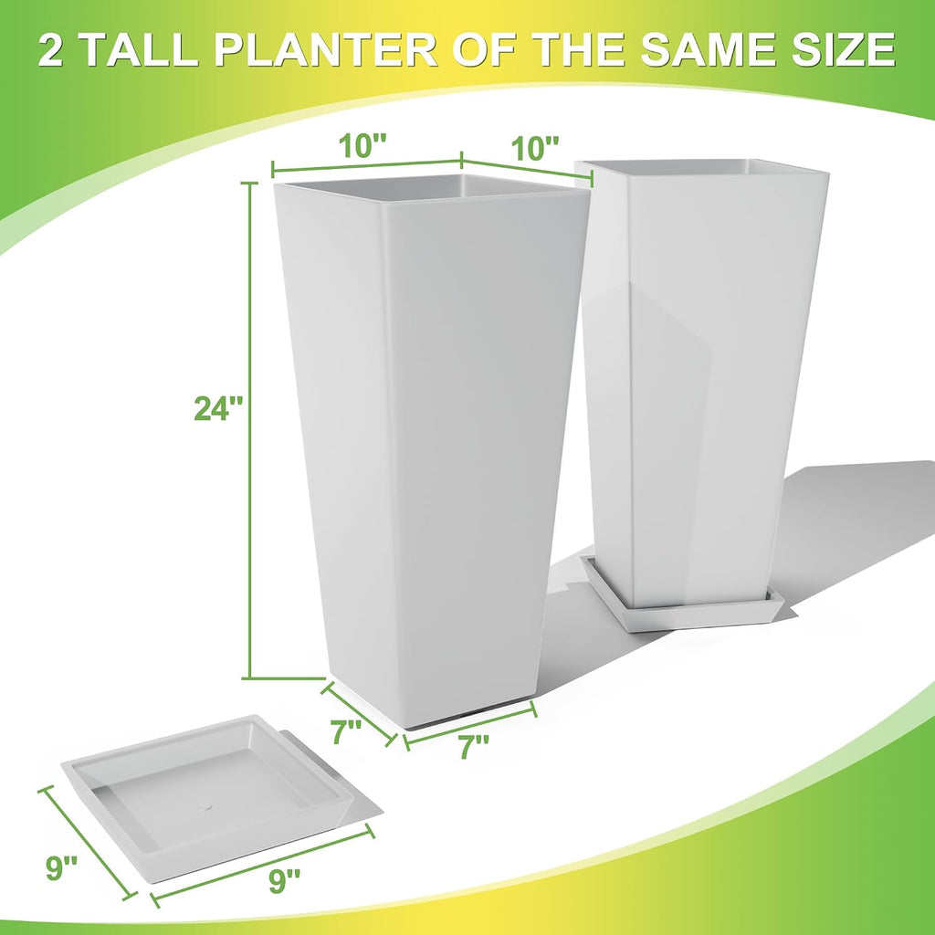 Set of 2 Tall Planters, 24" Large Indoor Outdoor Flower Pots with Tray, Modern Tapered Planters for Porch, Patio