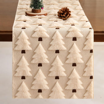 Christmas Tbale Runner 13x72 Inch Soft Plush Faux Fur Jacquard Beige Christmas Tree Table Runner, Seasonal Autumn