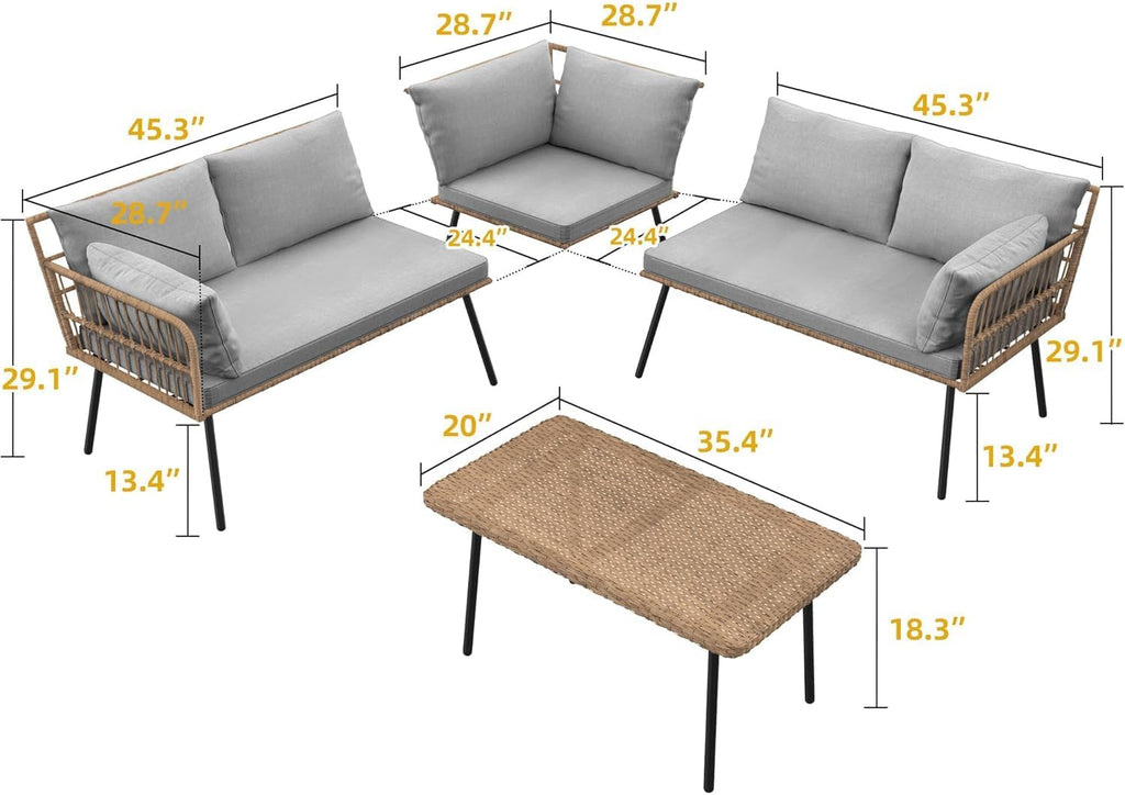 Patio Furniture Set, 4 Pieces Outdoor Patio Conversation Set, All-Weather PE Rattan Sectional L-Shaped Sofa with Soft