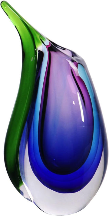 Hand Blown Multicolor Sommerso Teardrop Art Glass Vase for Decor 9.5 inch Tall Centerpiece Table Decoration