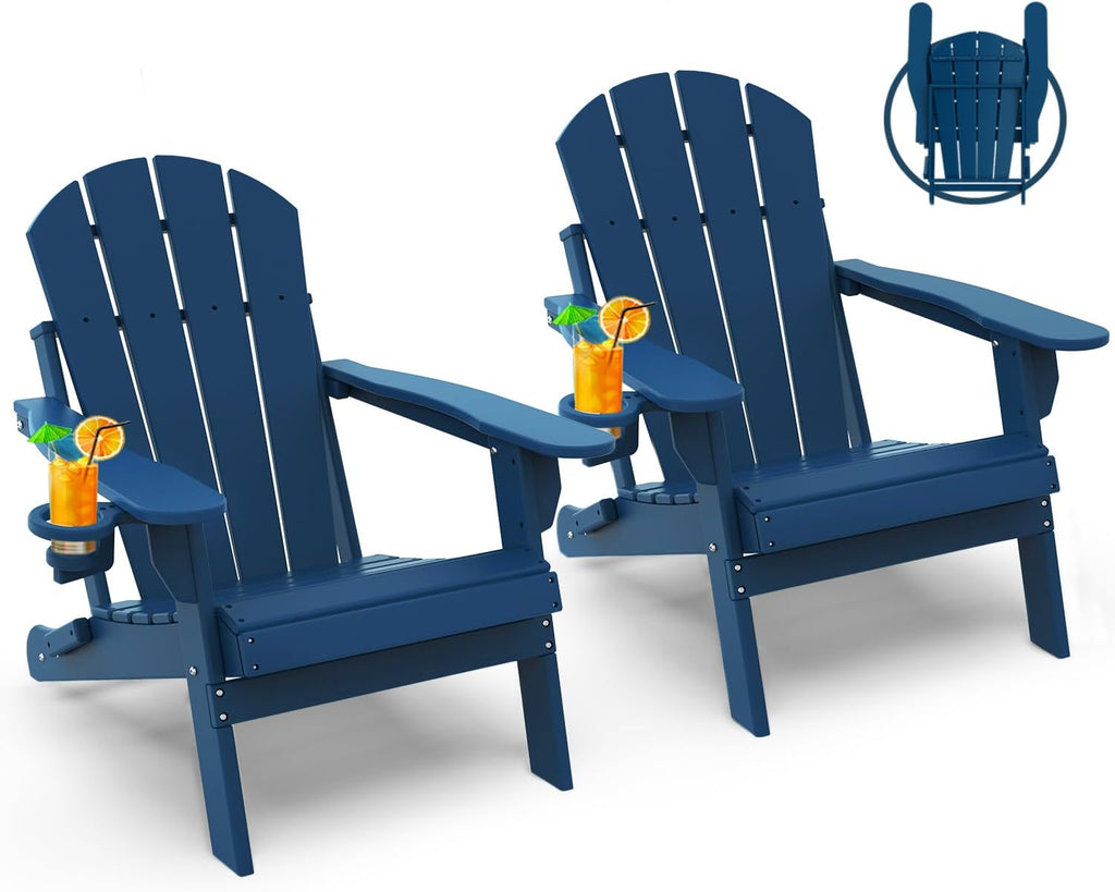 Folding-Adirondack-Chairs Set of 2, HDPE All Weather, Blue | Hidden Cup Holder | 5" Wide Armrests | Foldable Fire Pit