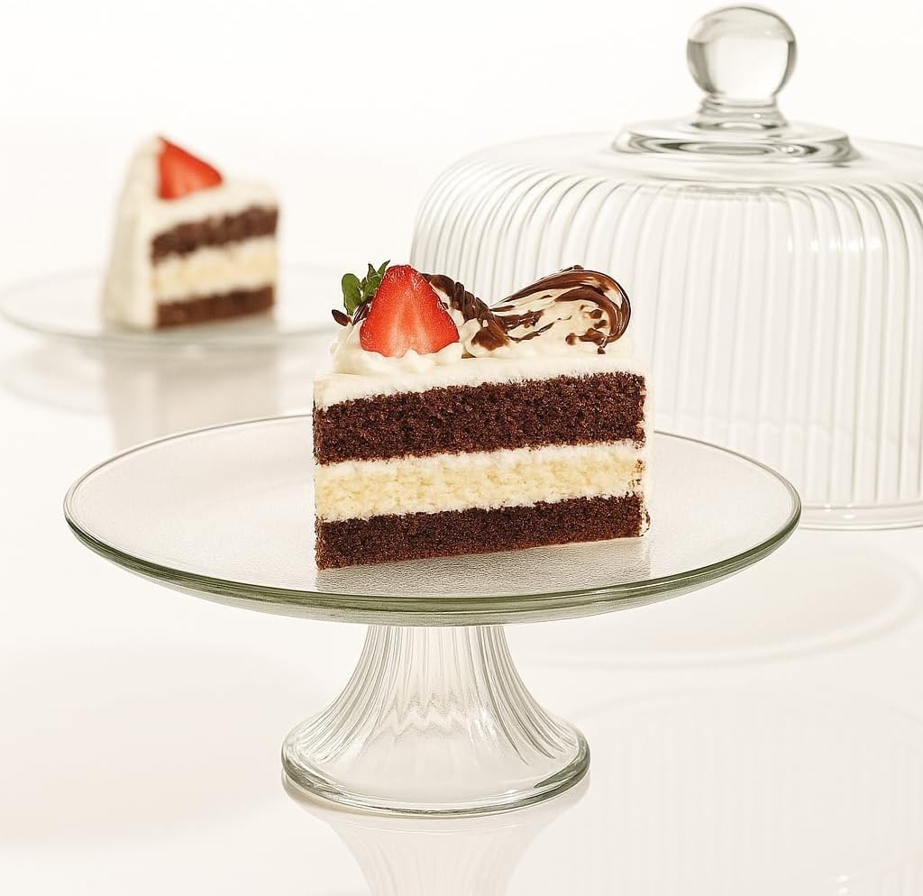 Glass Cake Stand with Dome, Ribbed Design, Pedestal Base, Clear