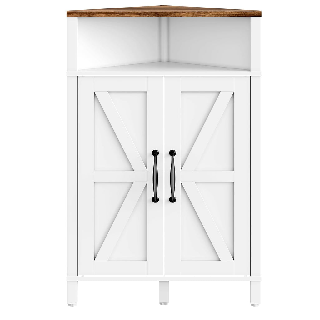 Farmhouse-Style Corner Cabinet, Corner Shelf with Open Storage, Double-Door Storage Cabinet, Twist-to-Lock Design