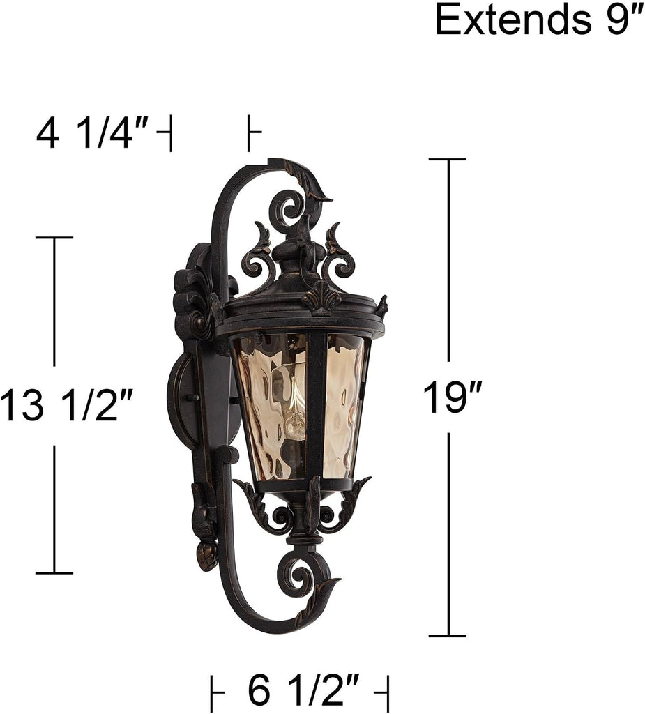 Marseille 19" Bronze Scroll Outdoor Wall Light with Champagne Hammered Glass