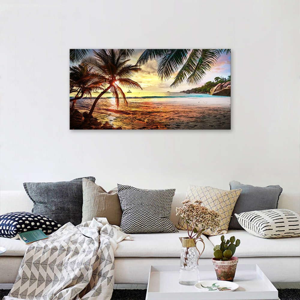 Canvas Wall Art Tropical Palm Tree Summer Ocean Waves Coconut Trees Beach Sunrise Seascape Scenery Painting Nature