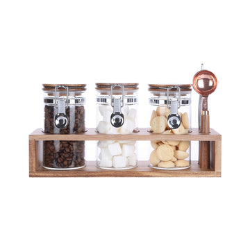 Acacia Wood Glass Coffee Canister Set with Scoop & Tweezer