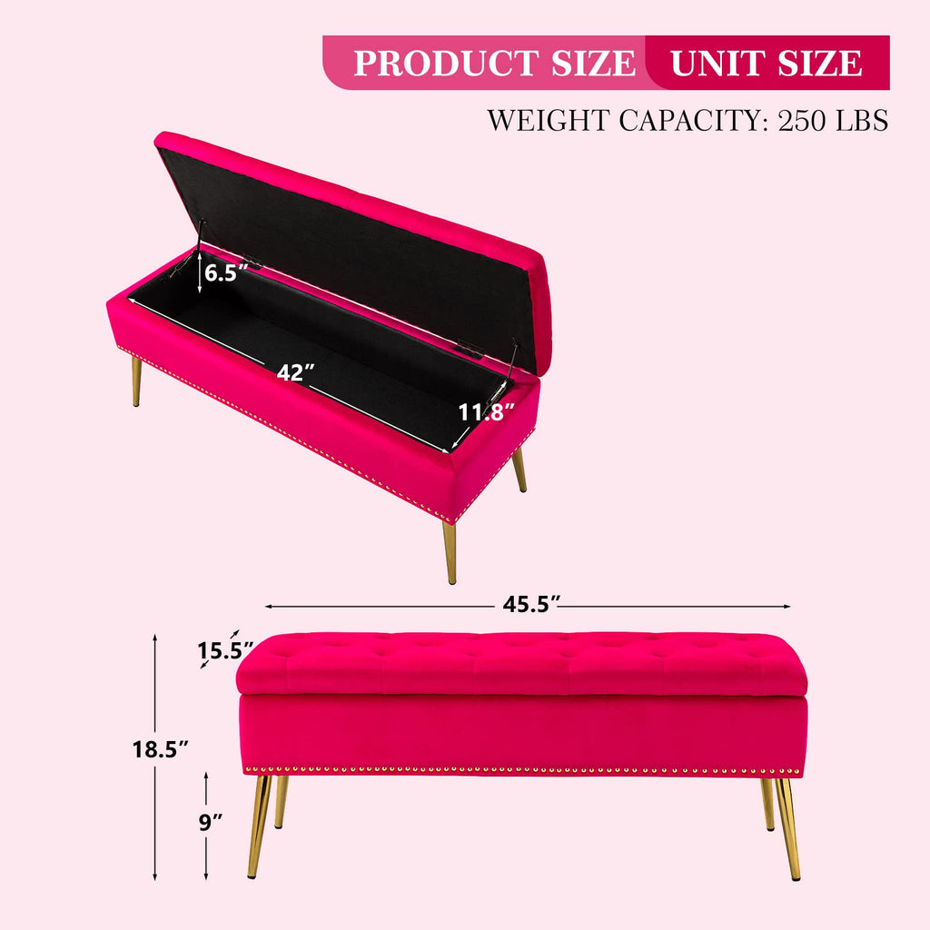 Modern Velvet Storage Ottoman Bench with Gold Base & Nailhead Trim, Upholstered Bedroom Bench for End of Bed