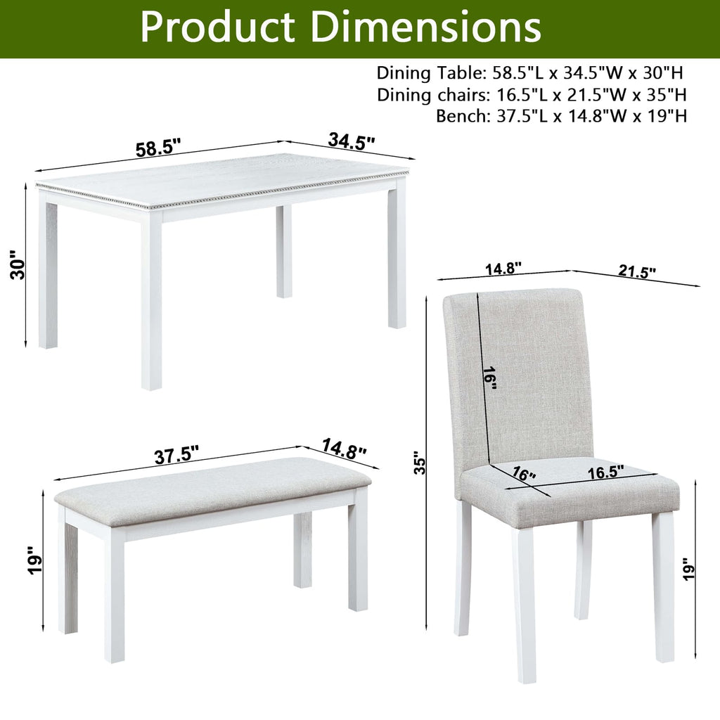 6-Piece Dining Table Set for 6, Solid Wood Kitchen Table Set with 4 Upholstered Chairs & Bench, White