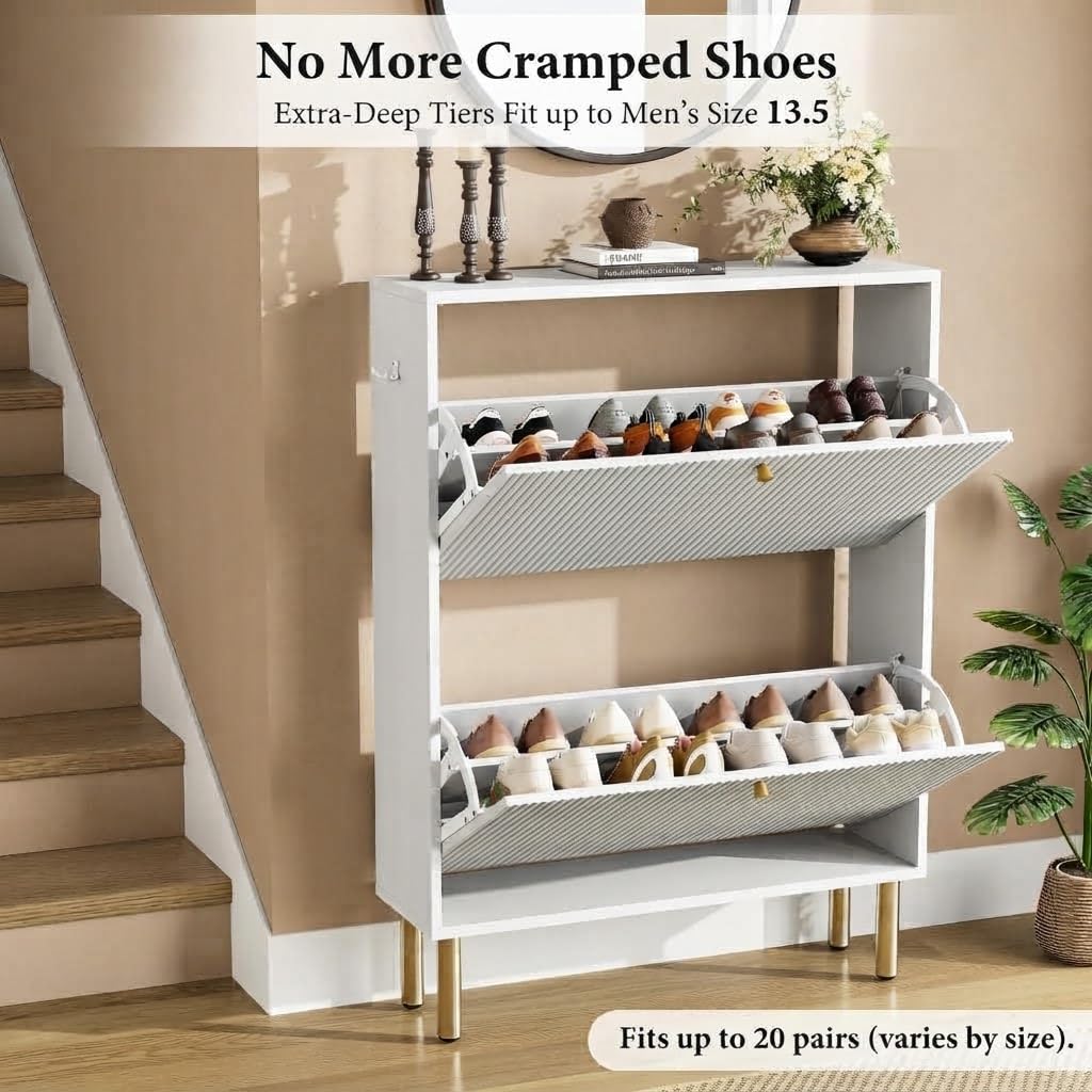 Shoe Storage Cabinet - 2 Flip Drawers Shoe Cabinet with Tiered Fluted Design - Slim Shoe Storage Rack with Gold Legs
