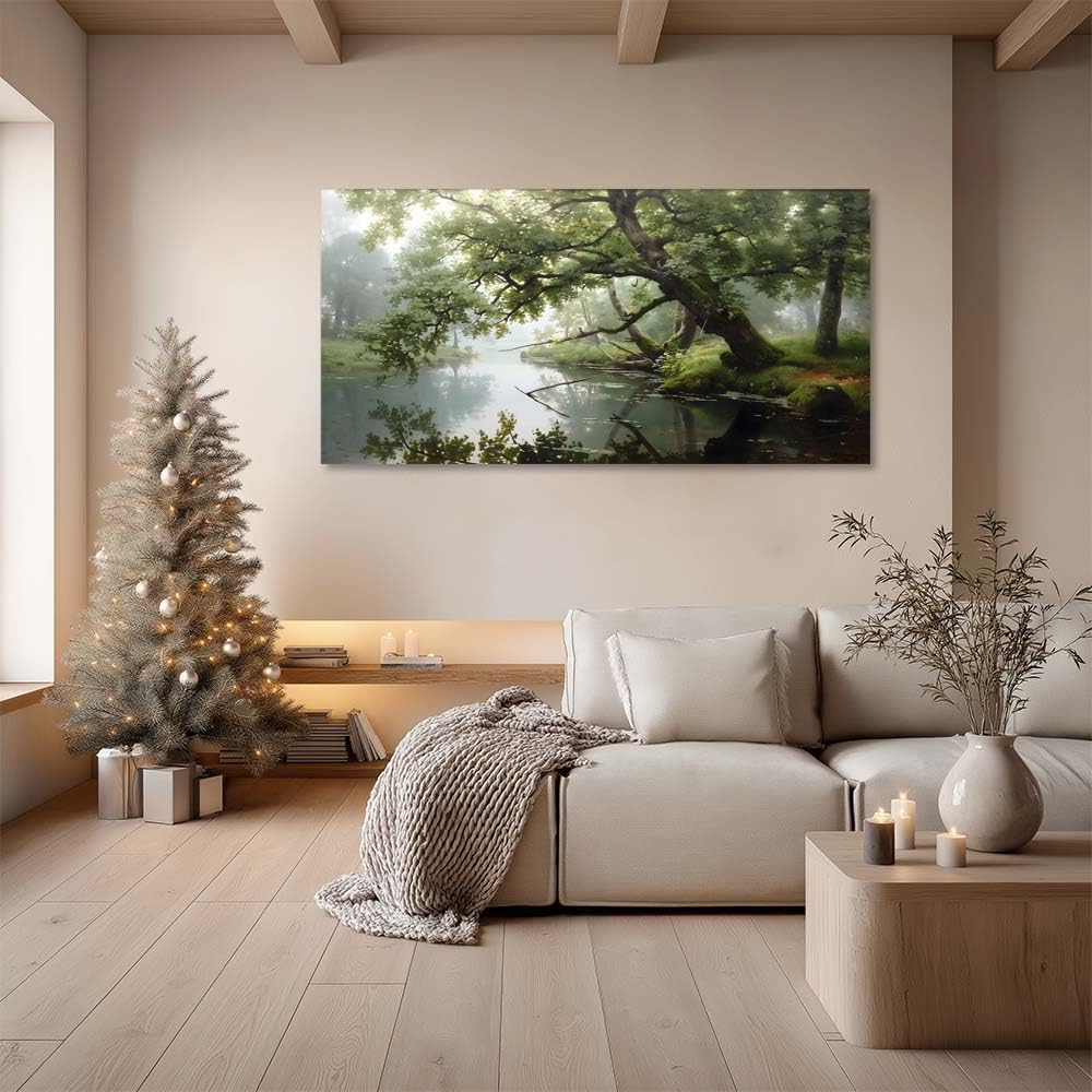 Serene Forest River Canvas Wall Art Misty Green Woods Landscape Painting Print Gallery Wrapped Calm Nature Picture