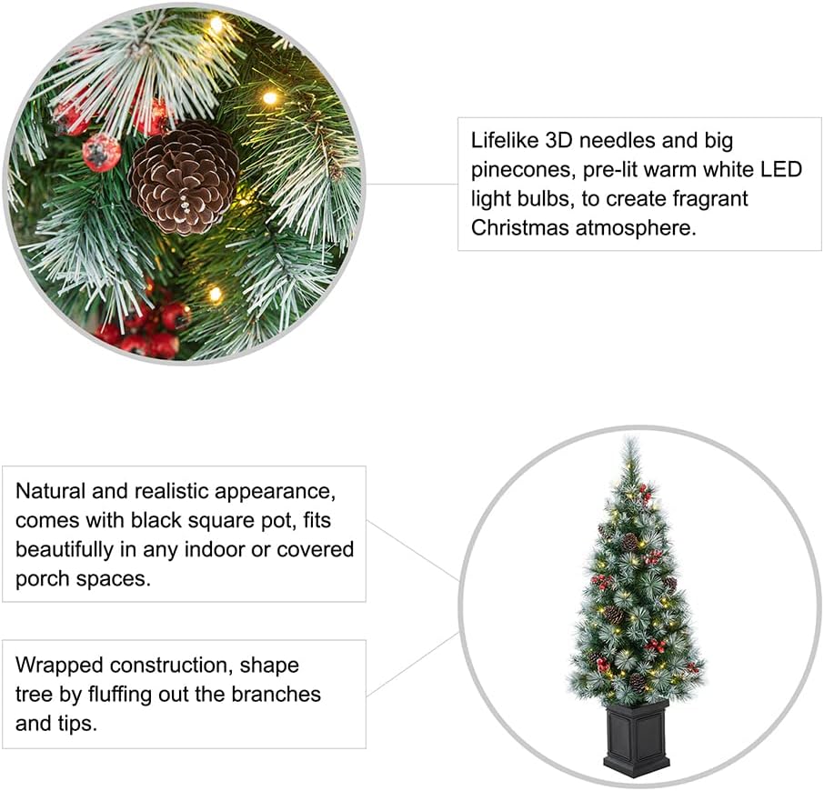 Small Christmas Tree Set of 2, 4ft Prelit Artificial Christmas Porch Tree, Potted Christmas Tree for Entrance with 80