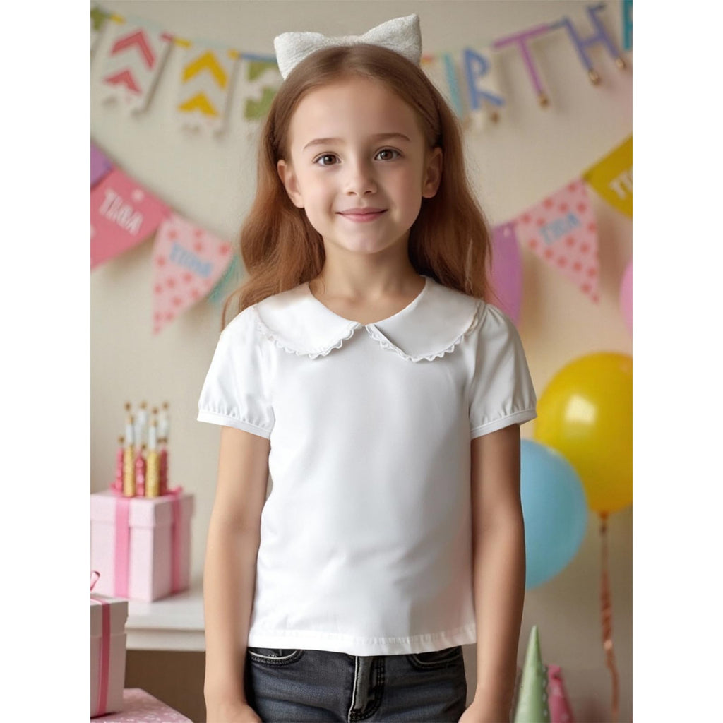 Kids Baby Girl Long Sleeve Collar Shirt Toddler White Blouse Puff Short Sleeve T-Shirt Solid Color Basic Top Bottom