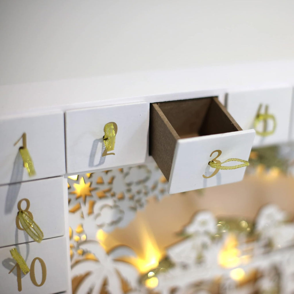 Christmas Wooden Advent Calendar with 24 Drawers to Fill Small Gifts with LED Lights Countdown to Christmas Tabletop