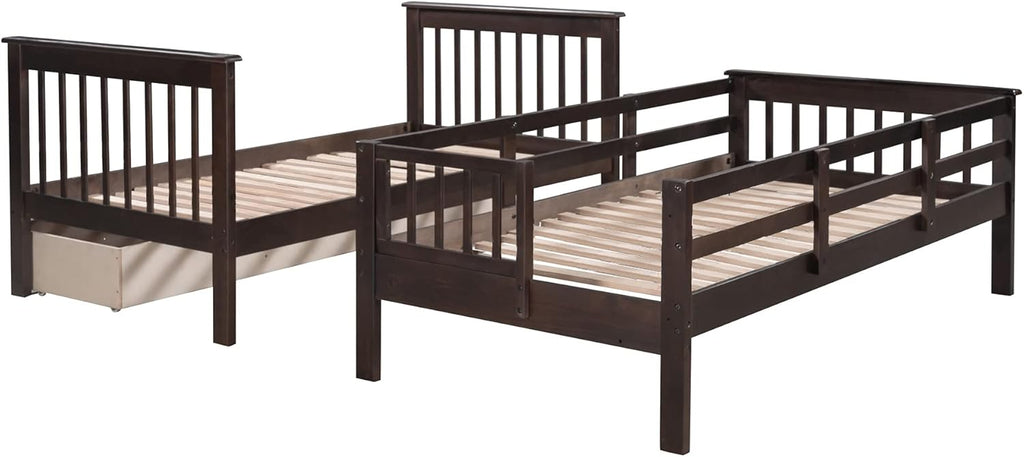 Wood Twin Over Twin Bunk Bed with Drawers and Stairs