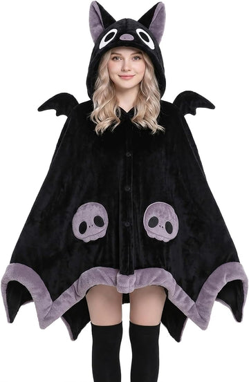 Halloween Cute Bat Wearable Blanket Hoodie Hooded Cape Costume Adult Unisex | Oversized Plush Thick Cloak with Demon