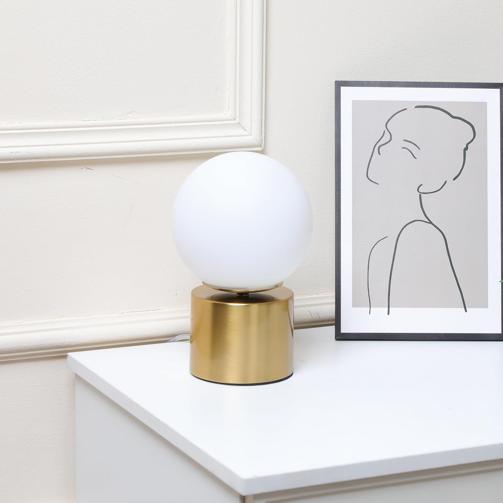 9.3 Ins Modern Gold Globe Table Lamp, Round Bedside Nightstand Lamp with White Glass Shade Metal Base Desk Lamp