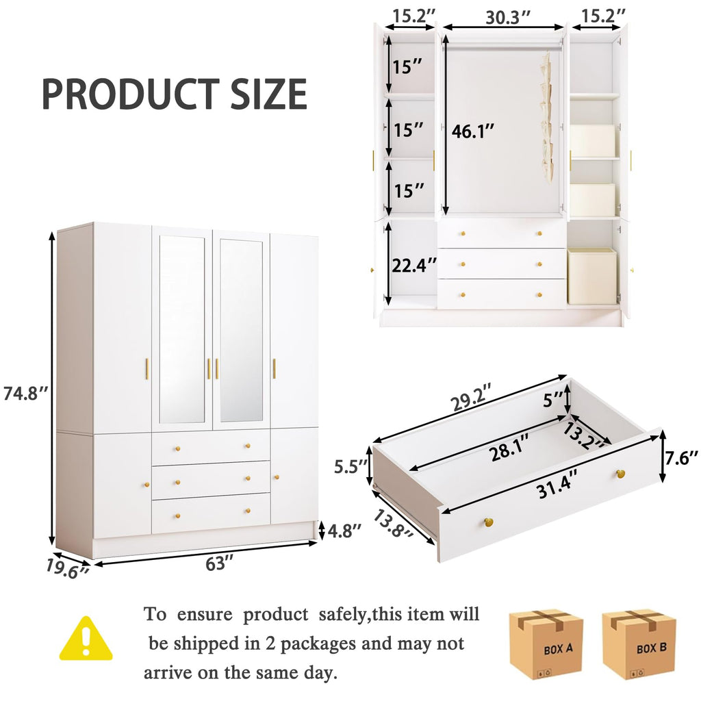 4 Doors LED Armoire Wardrobe Closet with Mirror, 75" Tall Modern Wooden Wardrobe Closet with 3 Drawers, Freestanding