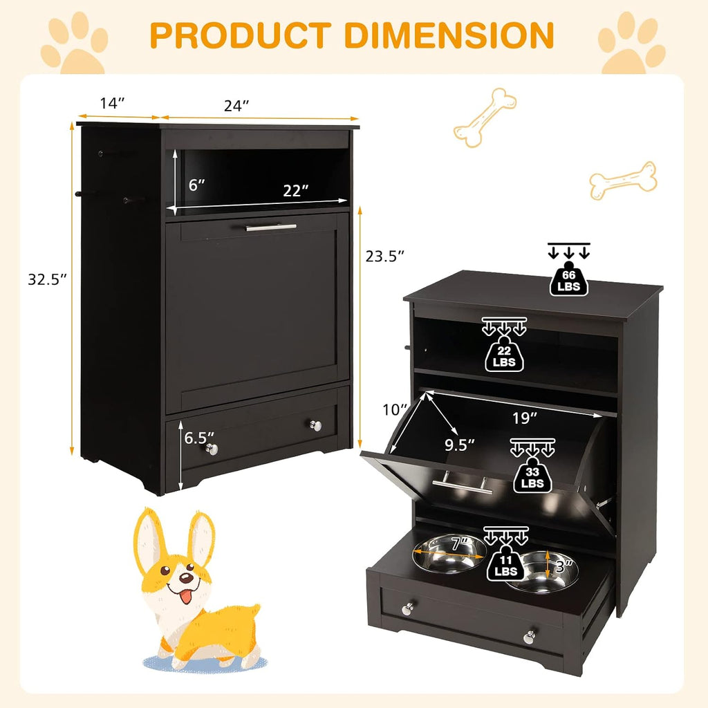 Pet Feeder Station, Dog Food Storage Container With Double Pull Out Bowls, Food Toy Organizer Cabinet, Feeding