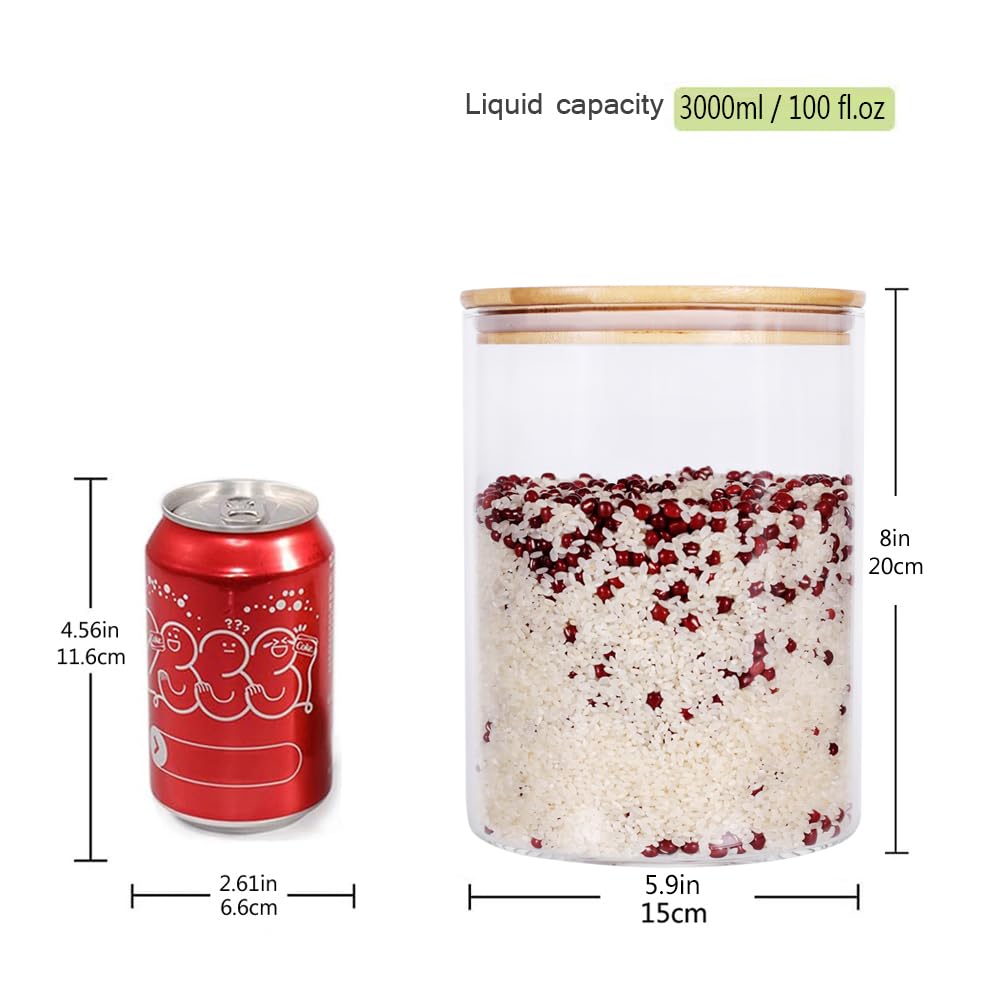 Set of 2 Large Glass Food Storage jar, 100 FL OZ (3000ml) Glass Flour Canister with Airtight Bamboo Lids Corner