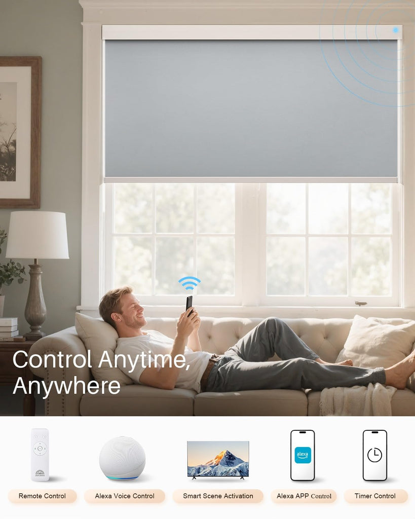 Smart Roller Shades for Windows, Works with Alexa, Gray&White