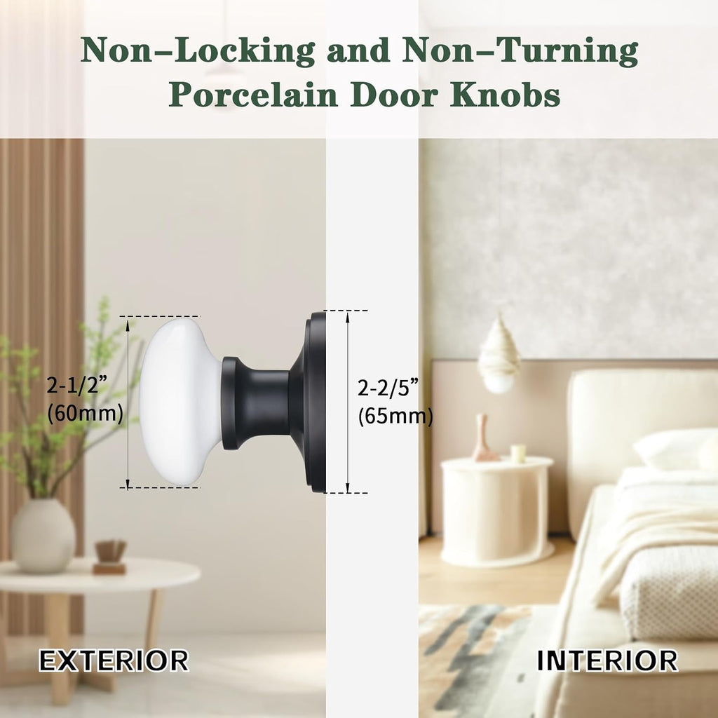 White Porcelain Door Knob with Zinc Plate, Fixed Black Dummy Pull
