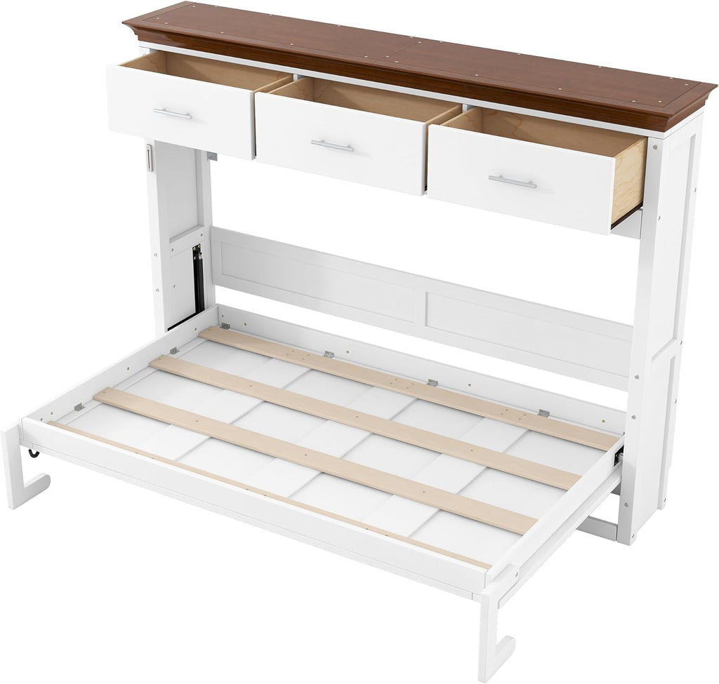 Twin Horizontal Murphy Bed with Drawers,Wood Space-Saving Folding Hideaway Murphy Wall Bed with Storage Drawers, for